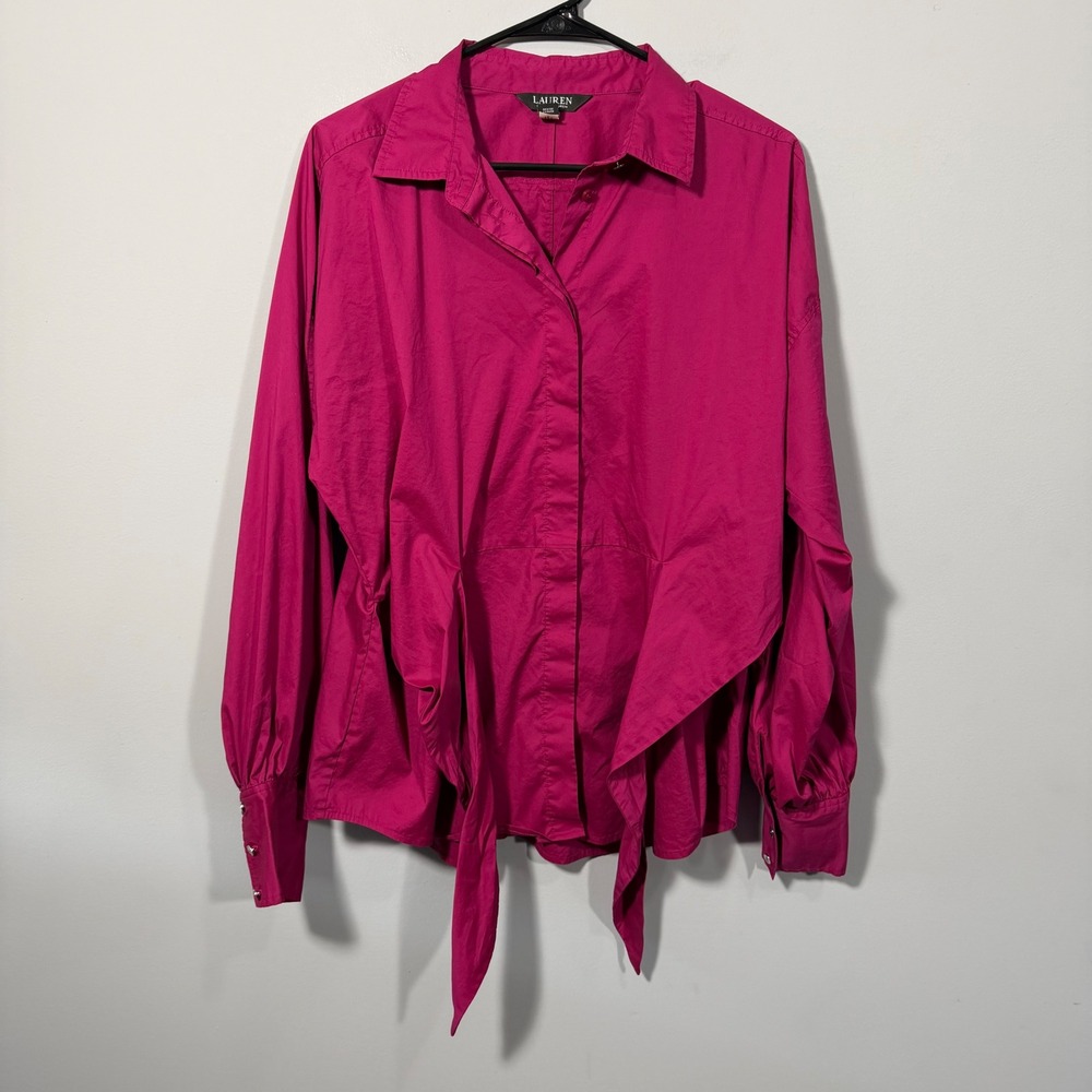 Lauren Ralph Lauren Magenta Pink Tie Waist Button Down Shirt Blouse Large